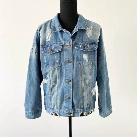 Distressed  Raw Edge Denim Jean Jacket - Picture 1 of 11